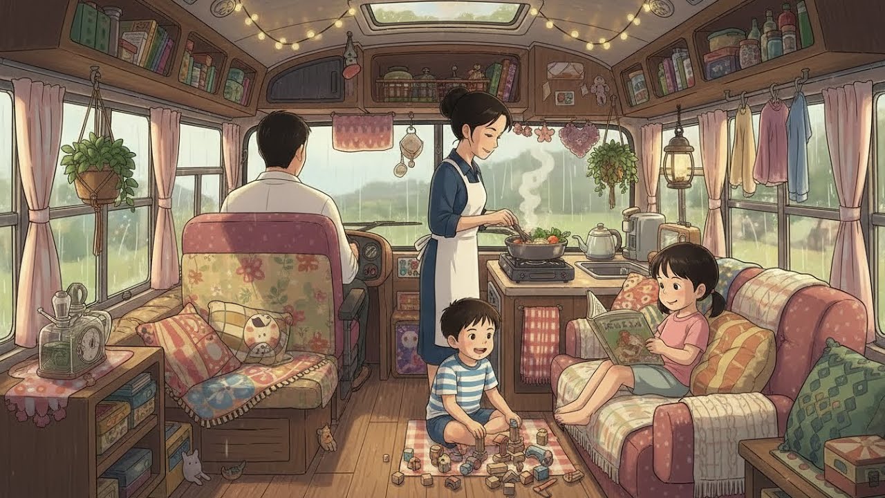 A Rainy Day in Our Mobile Home: Cozy Moments Together | Ghibli-Style Video