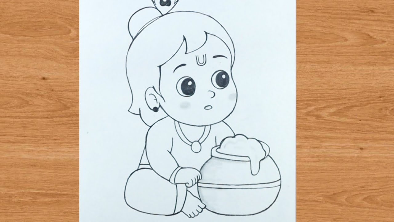 Balak krishna makhan chor outline pencil drawing | god krishna art bagwan 