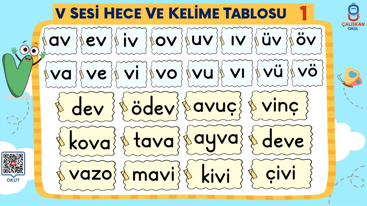 V Sesi Hece ve Kelime Tablosu - V Sesini Öğreniyorum - Yeni Müfredat Okuma Yazma Öğretimi