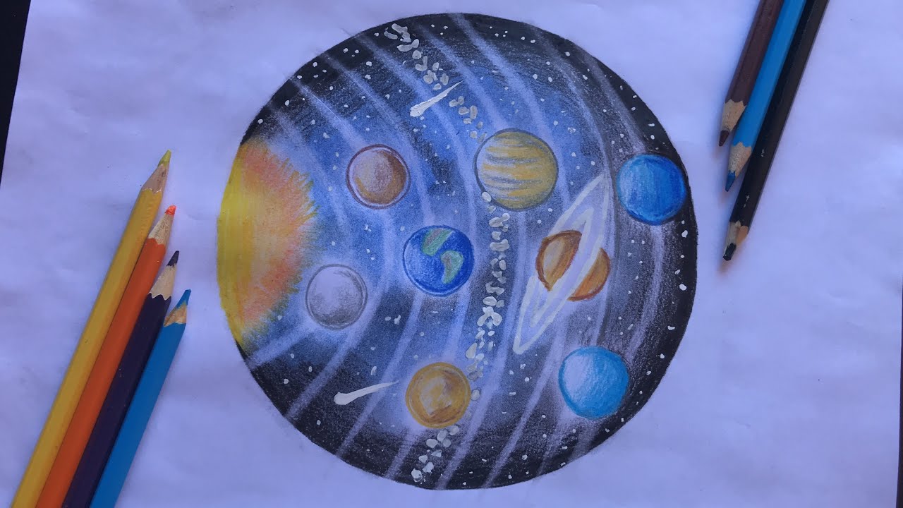 Desenhando planetas no sistema solar e um universo estrelado.