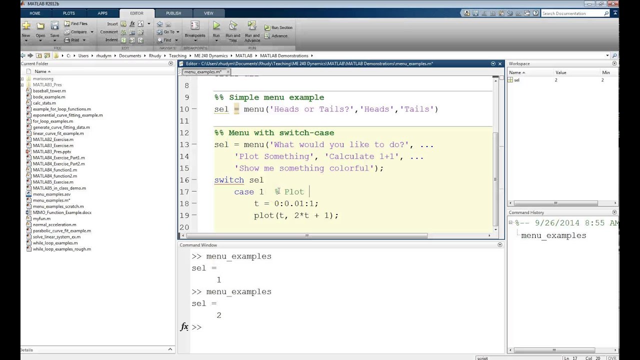 MATLAB Tutorial Lesson #05b:   Menus and Switch Case Statements in MATLAB