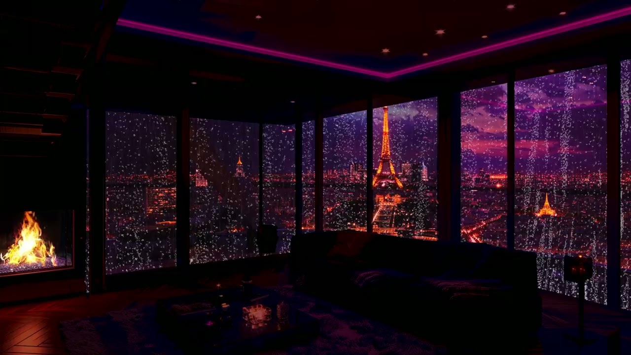 Soothing Rain Noise at Night – Warm Fireplace Ambience by Cold Rain Window
