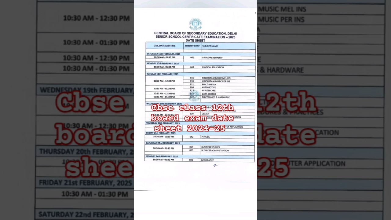 Cbse class 12th board exam date sheet 2024-25 #cbseclass12 #pleasesubscribe