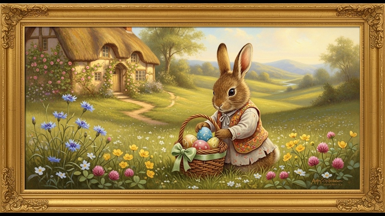 Vintage Easter Bunny Art | Samsung Frame TV | 4K Cottagecore Spring Painting