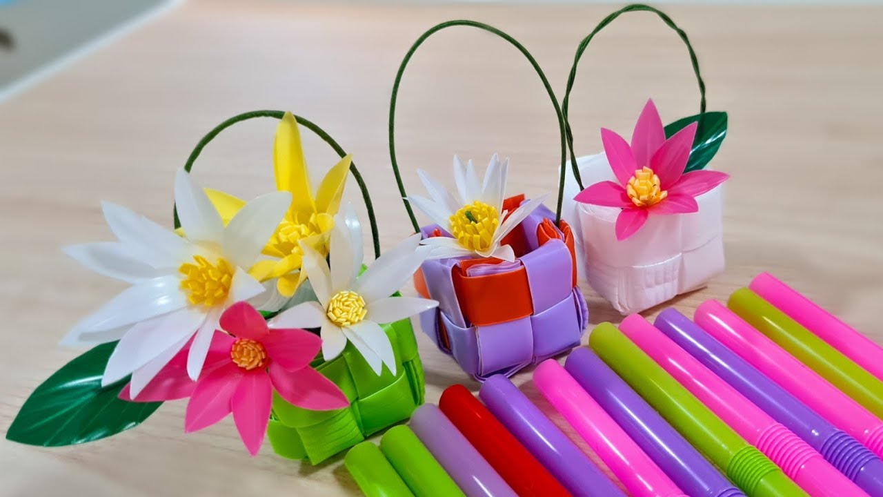 Mini Basket Straw Crafts Ideas EP. 8 | Straw Arts and Crafts | สานตะกร้าจิ๋วจากหลอด