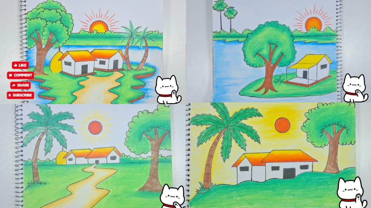 easy Drishya drawing🌴how to draw scenery drawing tutorial step by step🥰scenery drawing easy tutorial