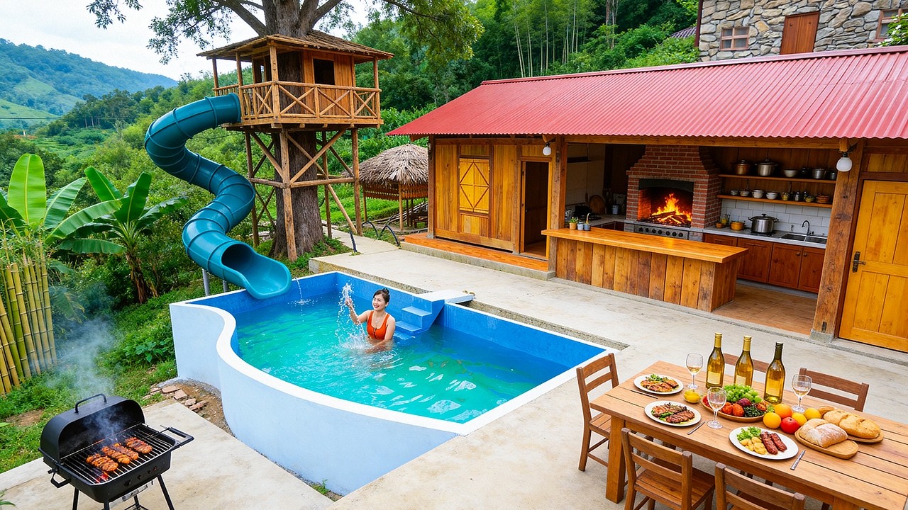 TIMELAPSE - Complete Swimming Pool Build & Paint -  Sell Dried Bamboo Shoots | Nhat DIY Builder