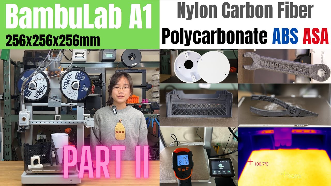 BambuLab A1: 100C bed temperature test, printing nylon carbon fiber, Polycarbonate, ASA and ABS