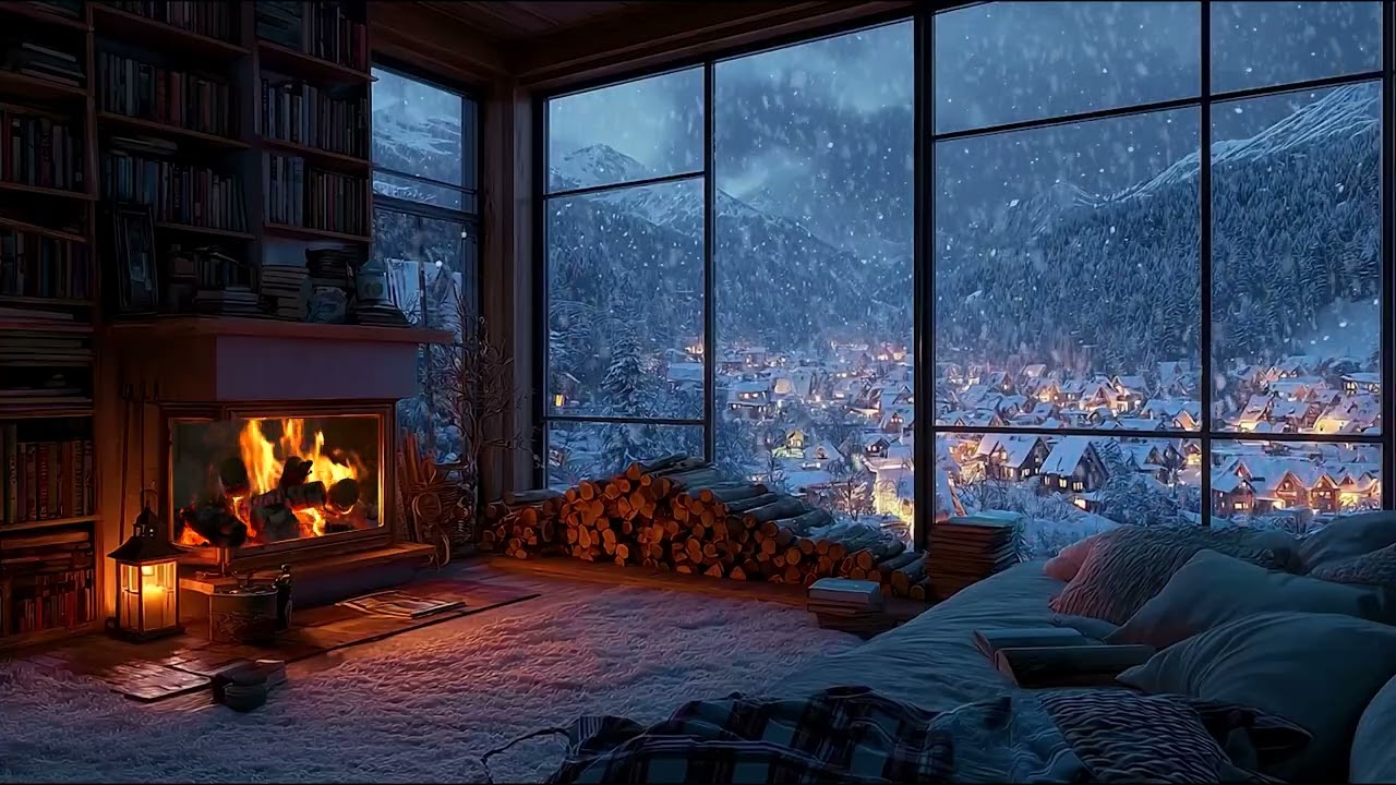 Serene Snowy Night in Cabin | Relaxing Fireplace and Snow Sounds for Calm Restful Deep Sleep