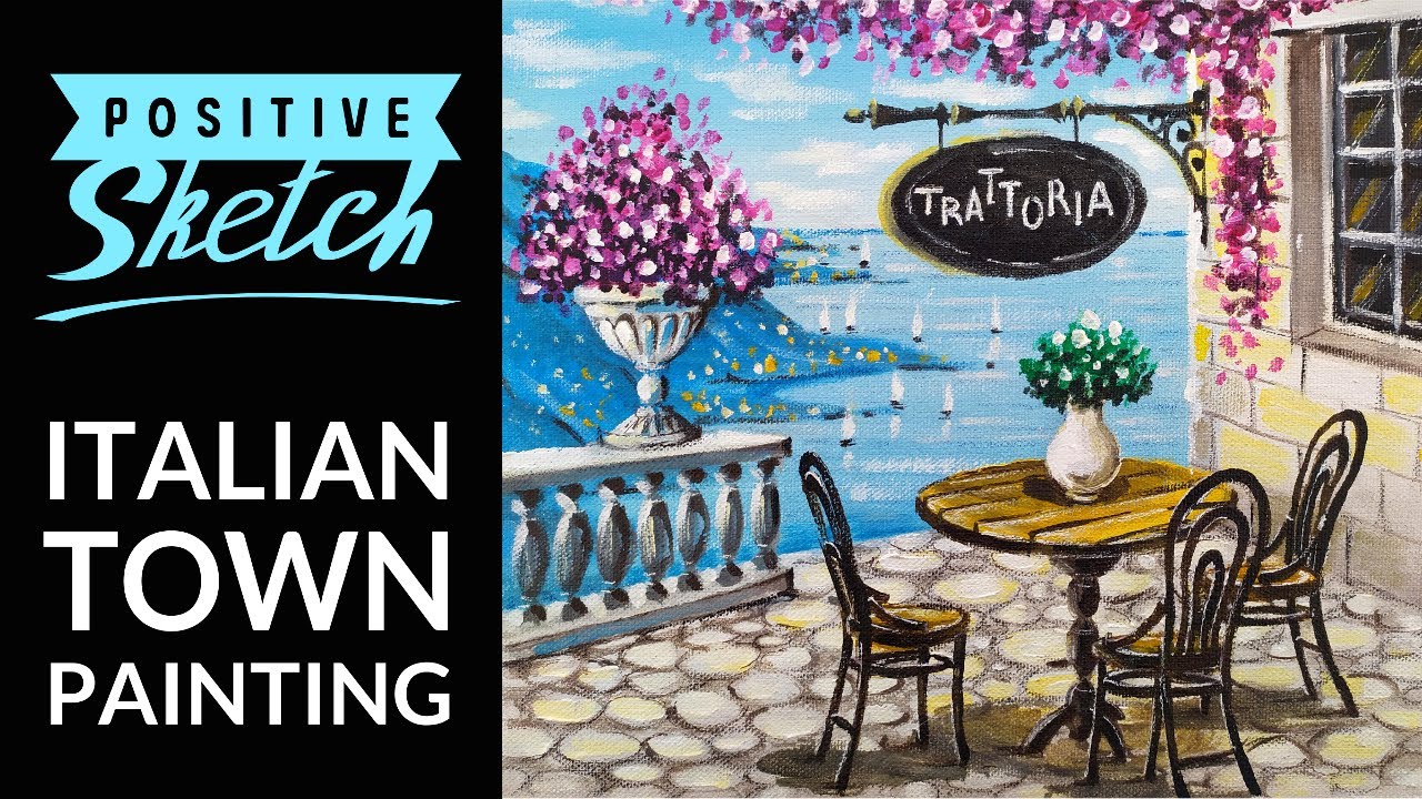 Acrylic painting, City landscape, Trattoria, Painting tutorial