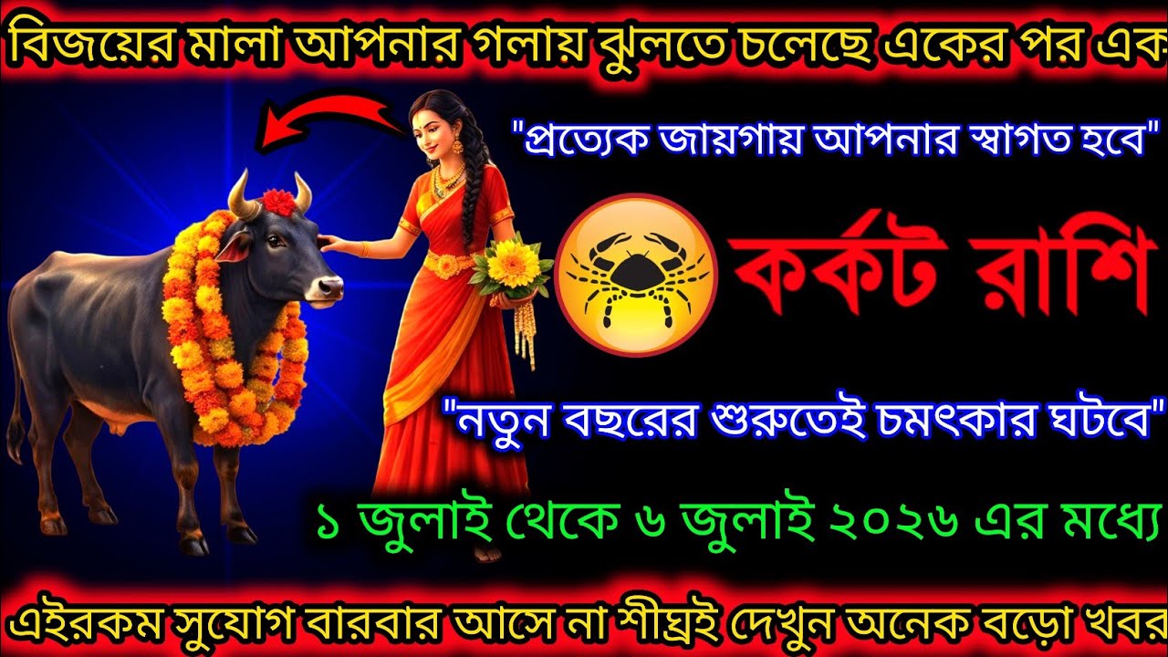 কর্কট রাশি♋ বিজয়ের মালা আপনার গলায় ঝুলতে চলেছে একের পর এক  ১ জুলাই থেকে ৬ জুলাই 2026 এর মধ্যে ♋