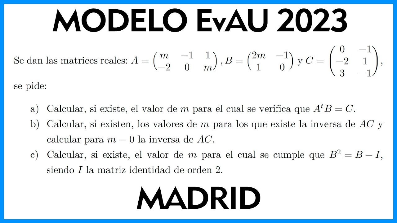 Ejercicio de Matrices ▶ Examen MODELO Selectividad EvAU ▶ Madrid 2023