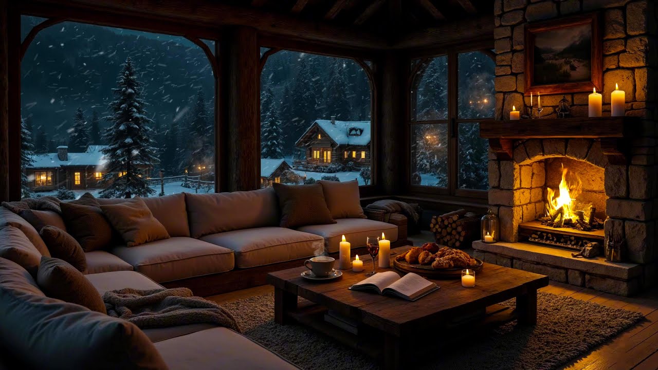 Cozy Snowy Mountain Cabin Night | Smooth Jazz Music by the Fireplace for Deep Relaxation Sleep