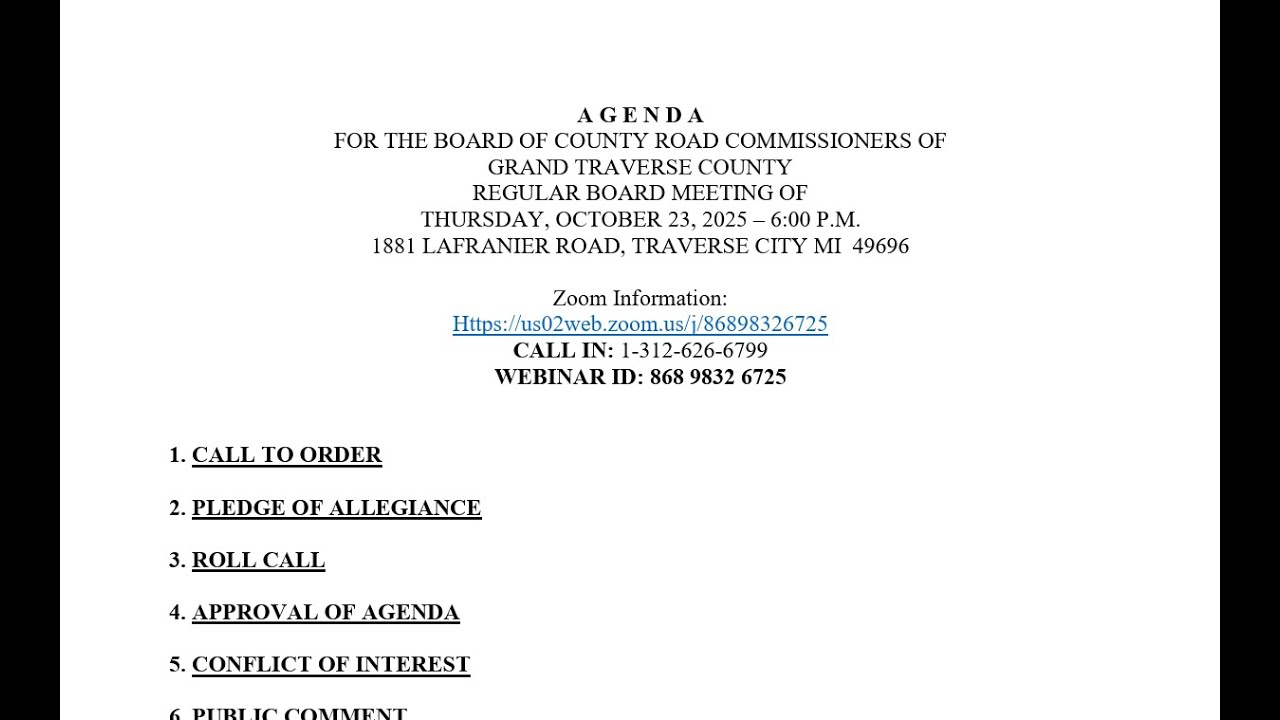 Grand Traverse County Road Commission - Regular Board Meeting October 23rd, 2025 at 6 PM