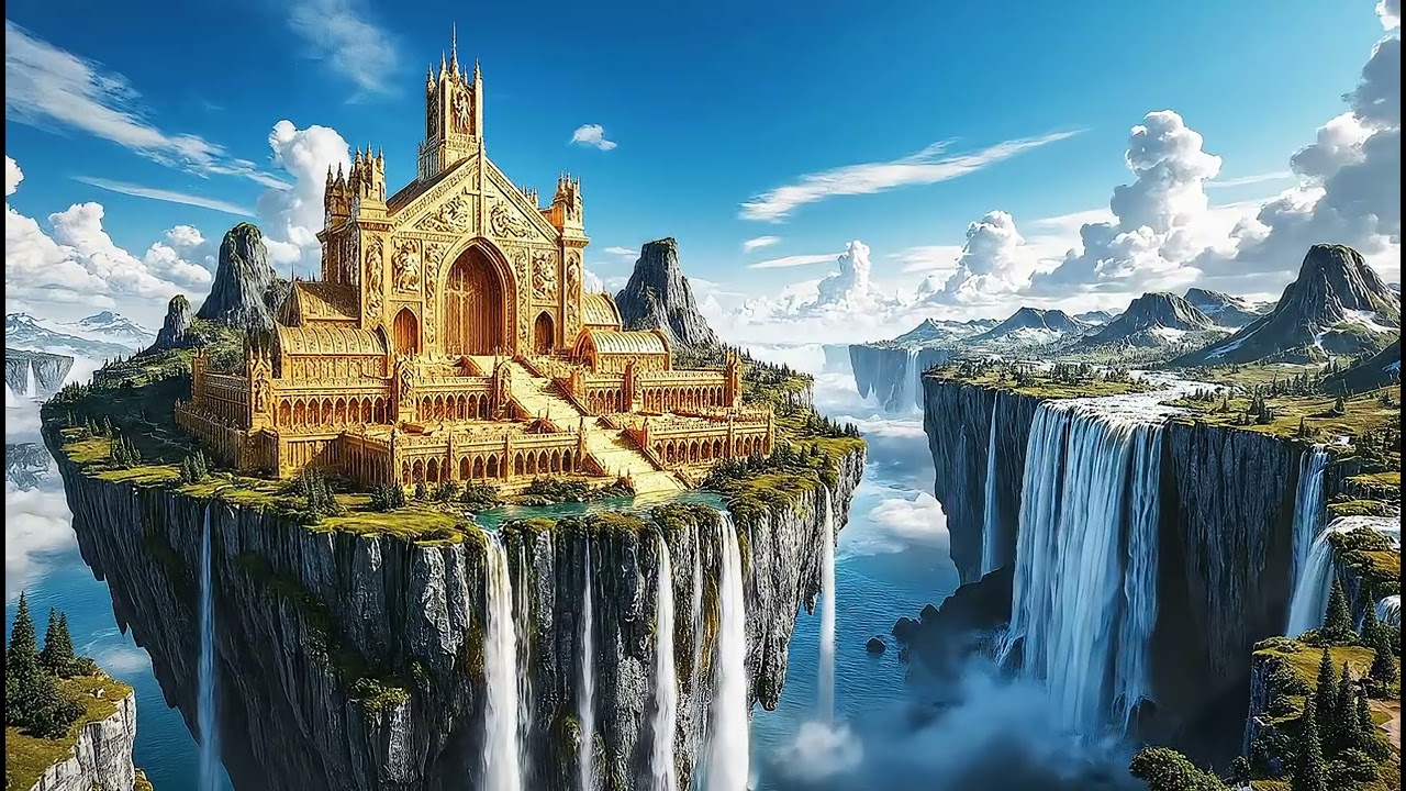 Golden Castle in the Sky 🏰 Uplifting Fantasy Music & Waterfall Sounds | Ambience for Study