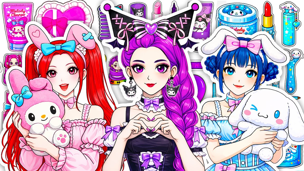 🎀Paper DIY🎀 HUNTRIX Meets SANRIO: RUMI, MIRA x KUROMI MY MELODY Skincare & Outfit Blind Bag Unboxing
