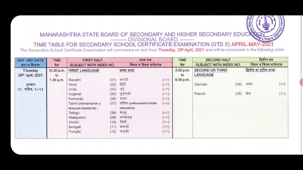 Time table 10th Class 2021 Time table Release for Class10 SSC April 2021 Maharashtra State Board