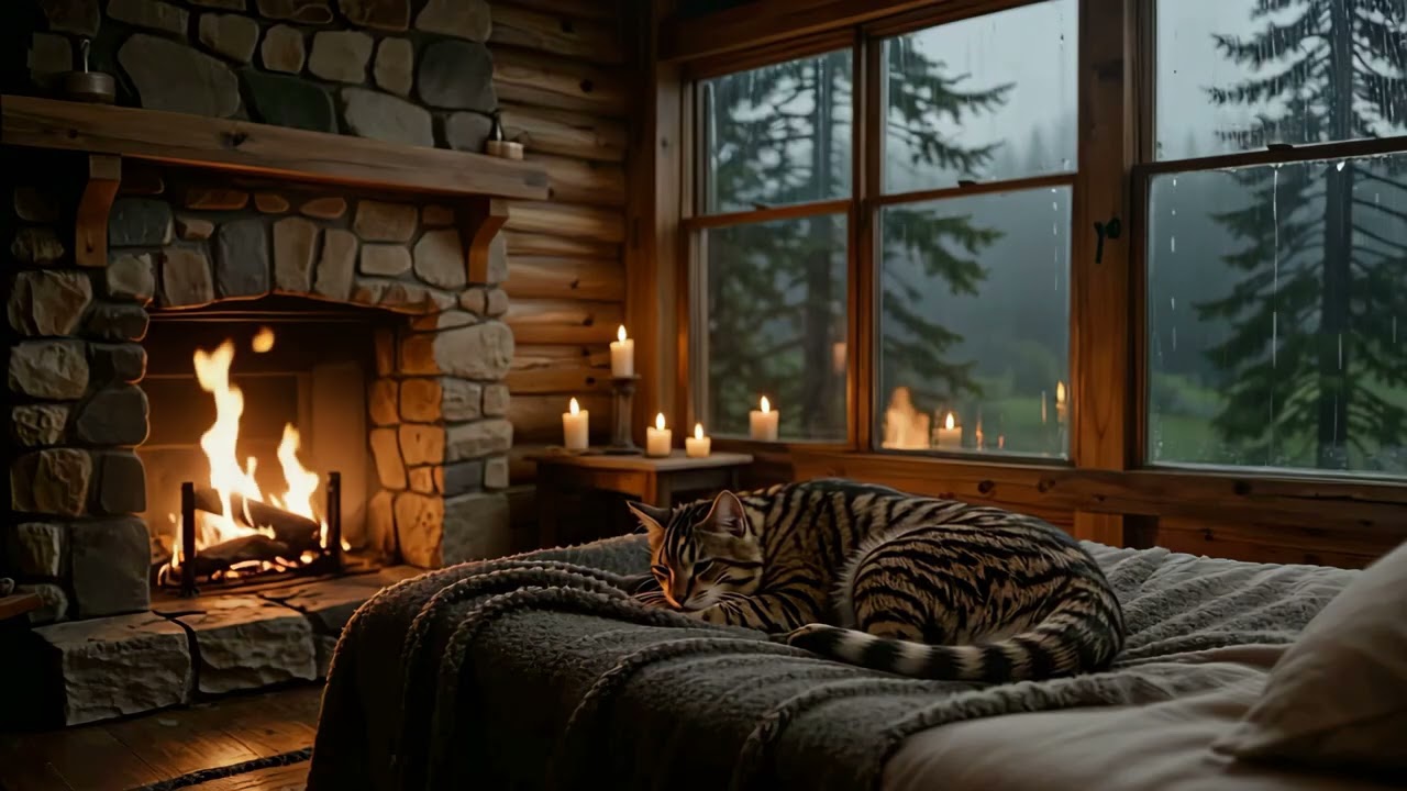 16K Rain, Fireplace & Sleeping Cat 🐾 Cozy Jazz Room for Study, Relax & Sleep