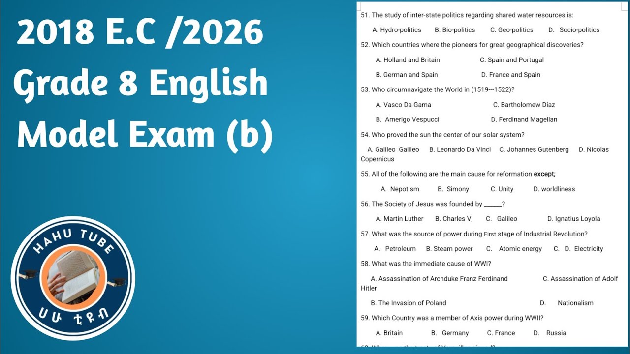 👉 Grade 8 English Model Exam 2018 | MCQs | Ethiopia