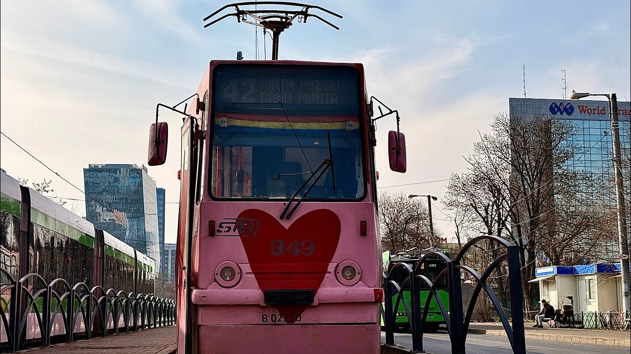 Călătorie cu tramvaiul V3A-93M-2000 #349 “Tramvaiul iubirii” pe linia 42 ! (14/02/2025)
