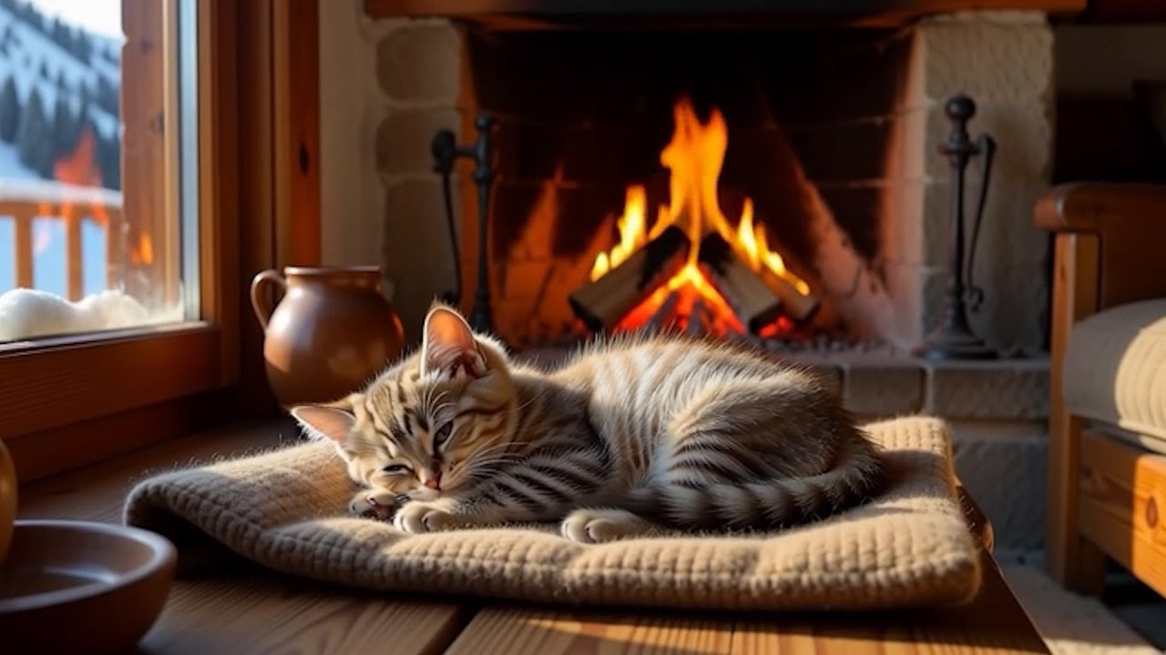 🐈Sleeping Orange Cat by Fireplace 24/7 | 🔥Crackling Fire Sounds#001