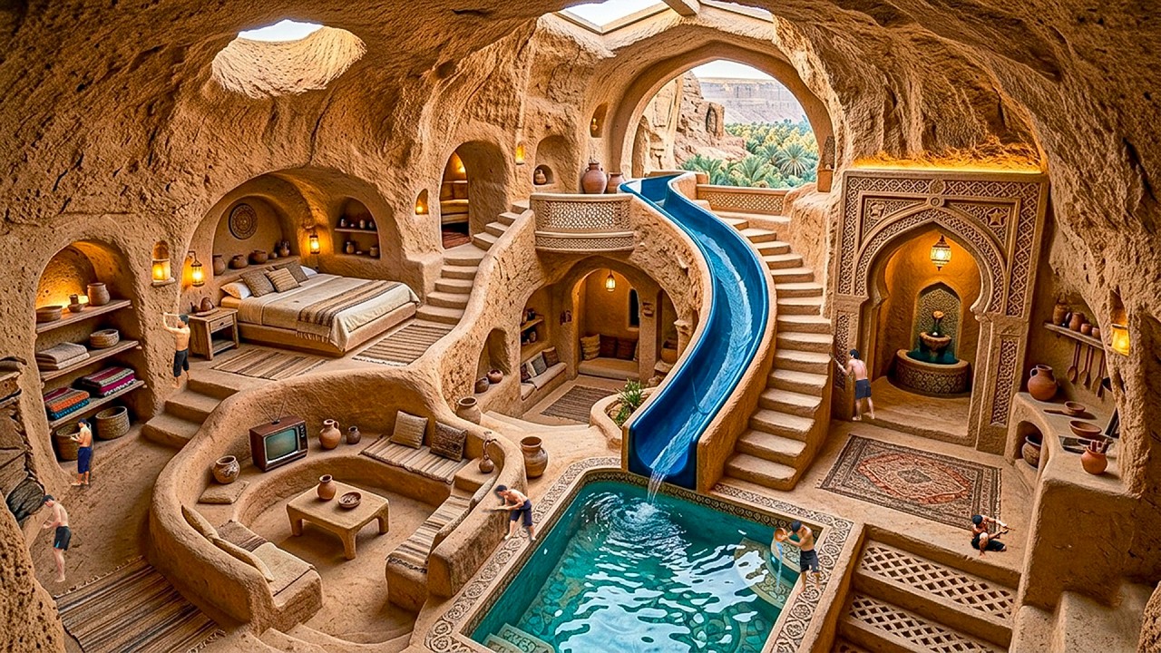Building a 4-Level Underground Clay Mansion Carved into a Cliff with River Pool Using Primitive Tool