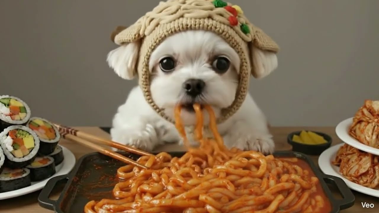 Ultimate K-Food Puppy Mukbang – Spicy Udon, Kimchi & Kimbap 🍜🔥🐶🇰🇷