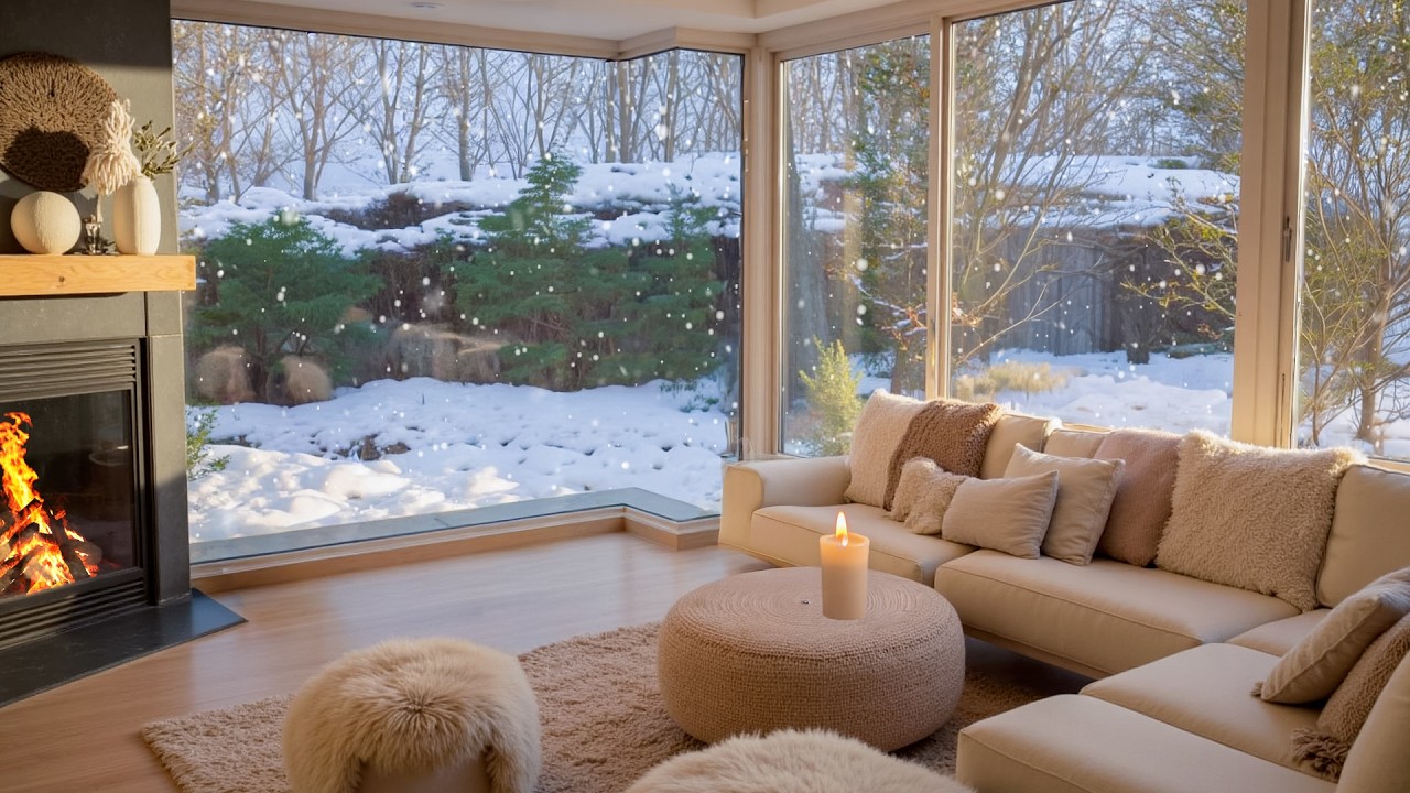 Cozy Winter Lake Cabin Night Soundscape  | Soft Piano Music, Crackling Fireplace, and Snowy Silence