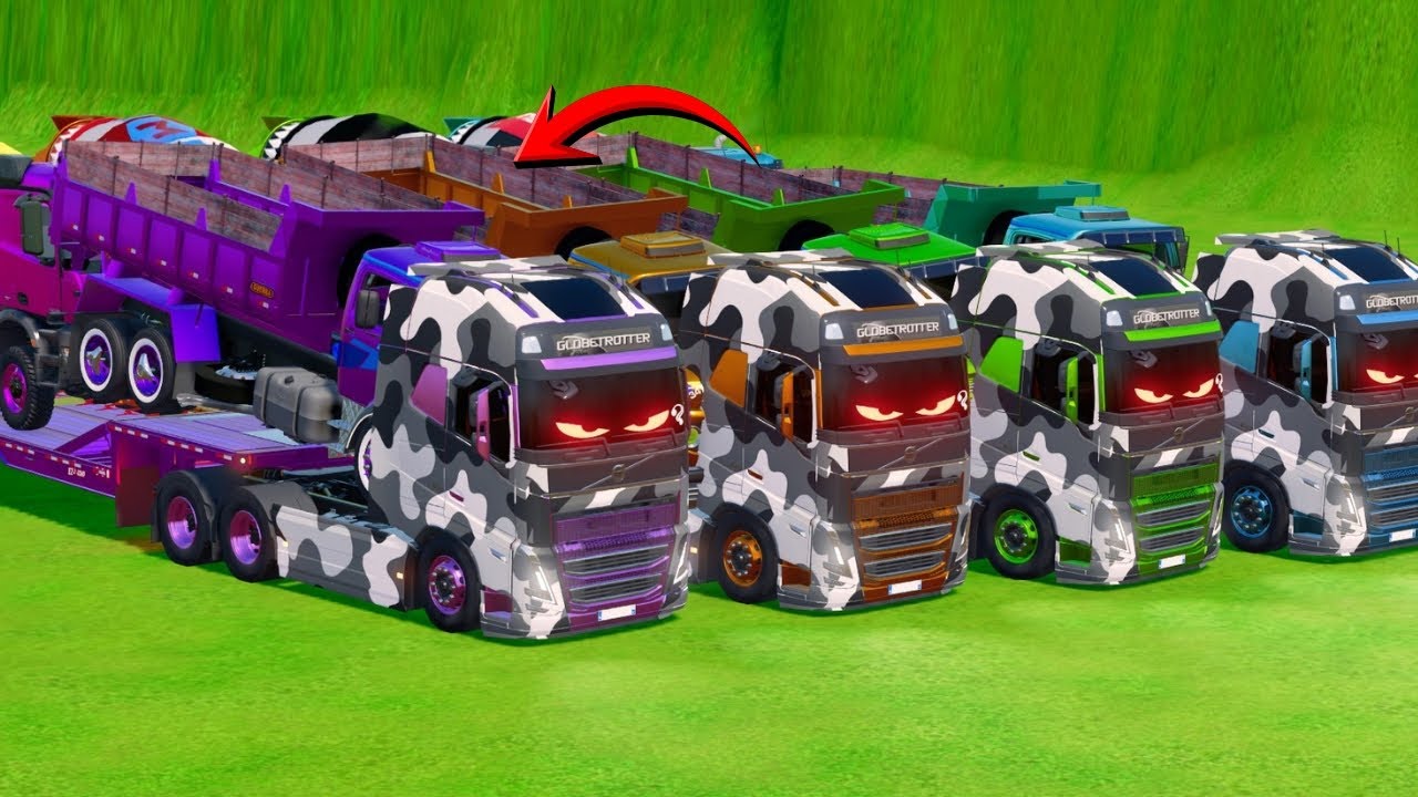 Garage with Colors  ALL MIXER TRUCK WITH DOUBLE FLATBED TRAILER MONSTER TRUCK, MERCEDES, VOLVO