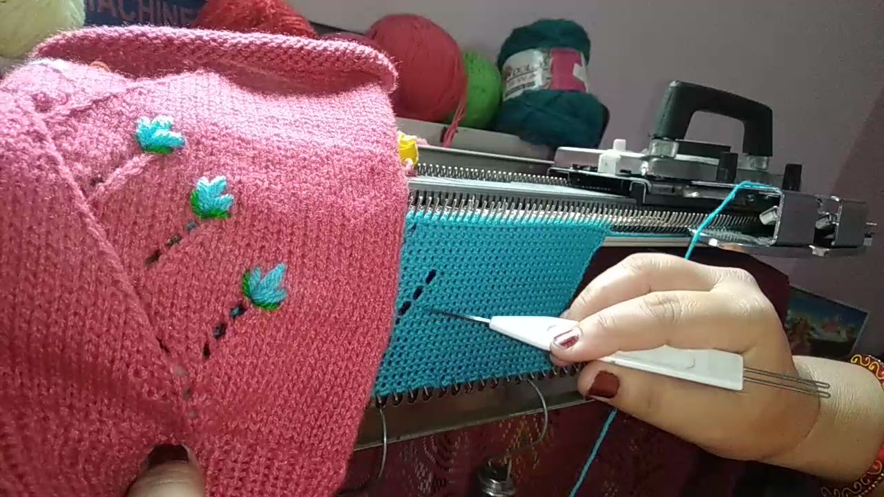 निटिंग मशीन में एंब्रॉयडरी जाली डिजाइन । net design with simple embroidery in hand knitting machine