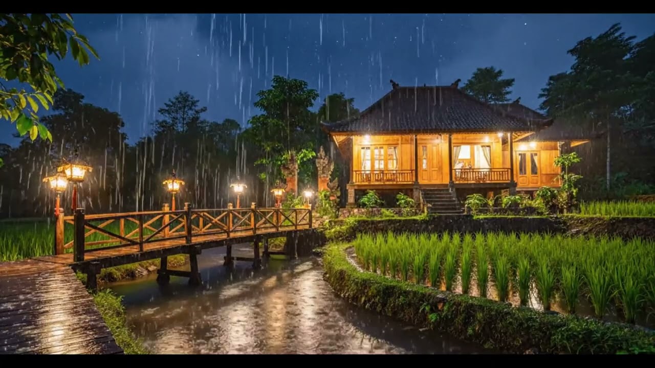 Peaceful Rainy Night in a Traditional Wooden House Surrounded by Rice Fields  3 Hours Relaxing ASMR