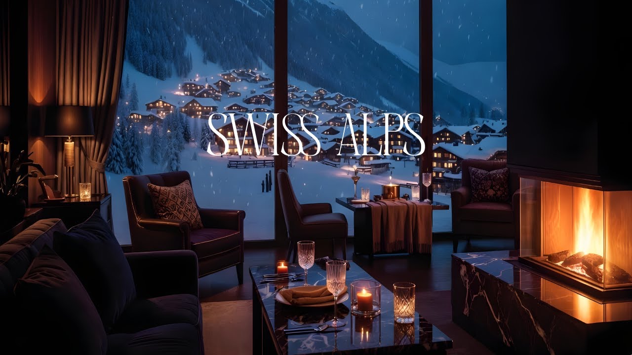Winter Escape in the Swiss Alps — Cozy Fireplace & Snowy Village View