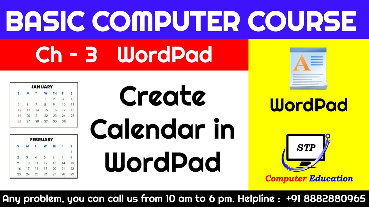 Wordpad Chapter - 3 Create Calendar in WordPad  Complete Basic Computer Course in Hindi