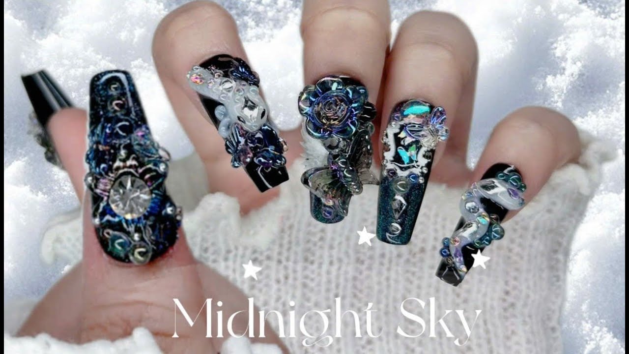 Nhật ký làm Nail: Midnight Winter Snake Nails 🌌🐍 | 3D Dark Nail Art | Self Nail