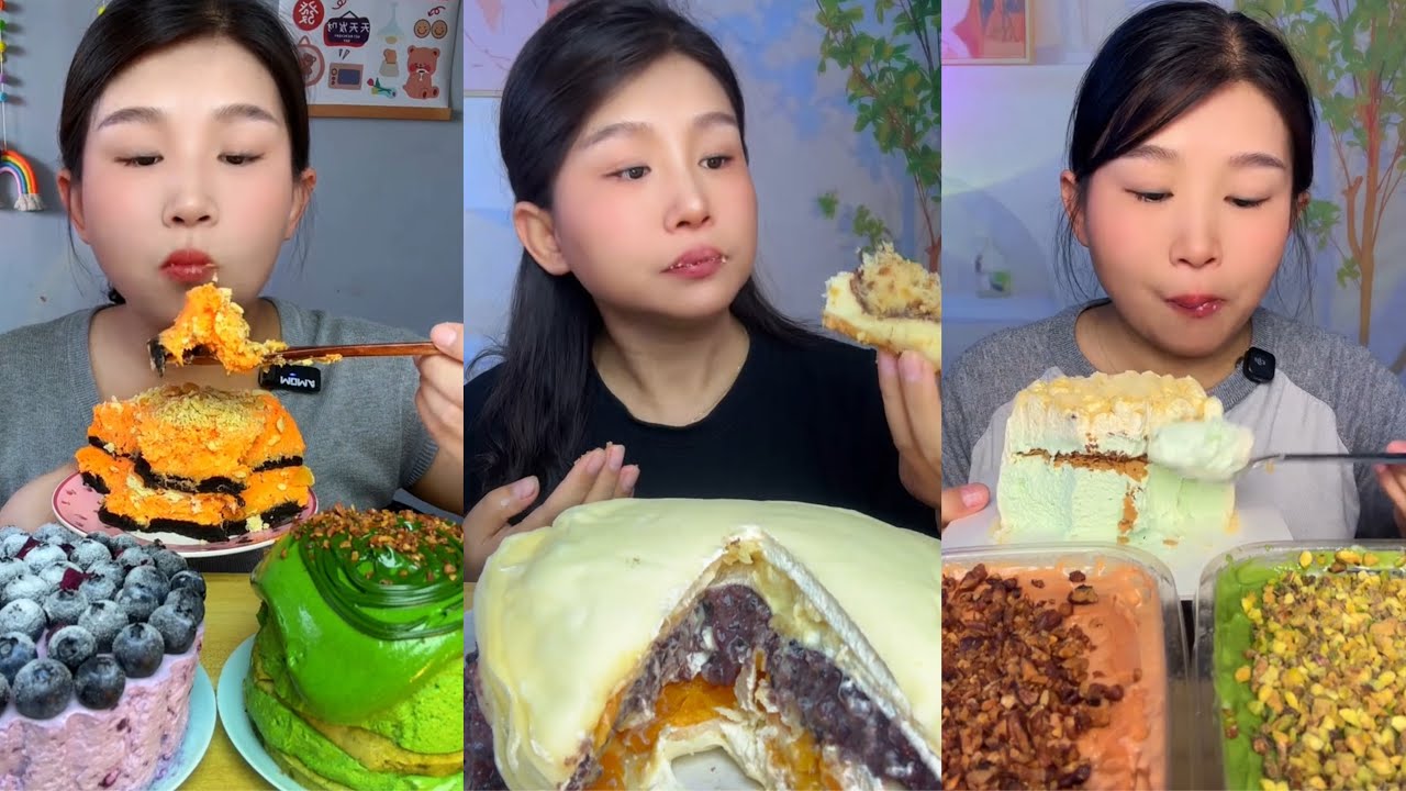 asmr mukbang - mango crepe cake, matcha crepe cake, durian crepe cake eating sound