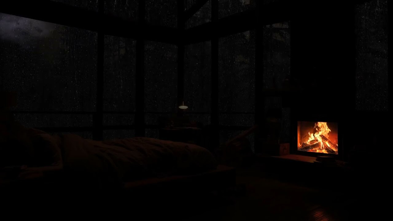Ad-Free Rain Sounds on Cozy Attic Windows at Night with Fireplace–Perfect for Deep Sleep, Relaxation