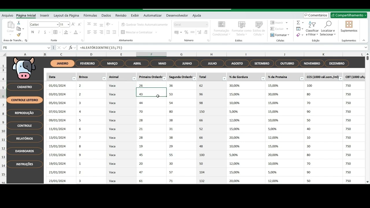 Planilha de Controle de Gado Leiteiro em Excel