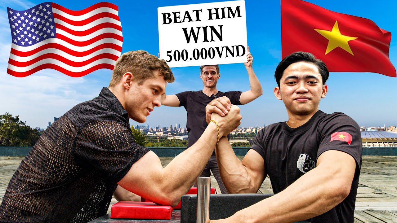 BEAT the VIETNAMESE SKINNY KID at ARM WRESTLING win 500,000VND! 🇻🇳