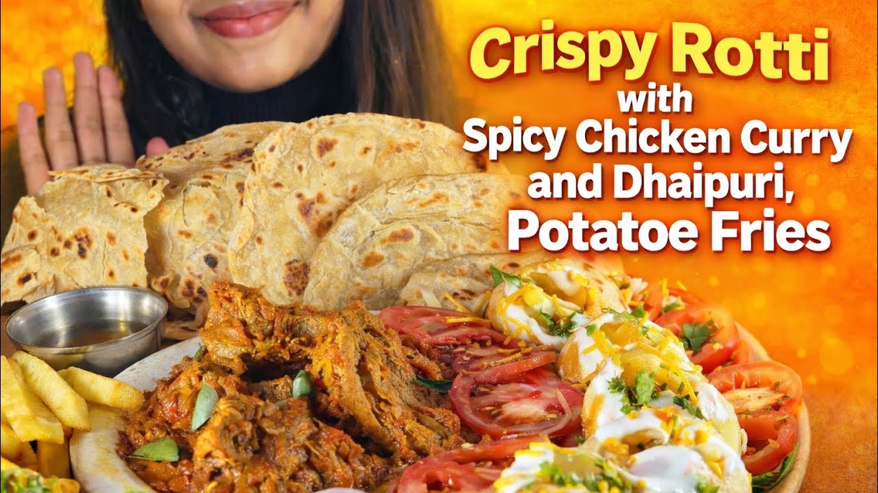 crispy rosti with spicy chicken curry and dhaipuri , potatoe fries 🫓🥘🍟