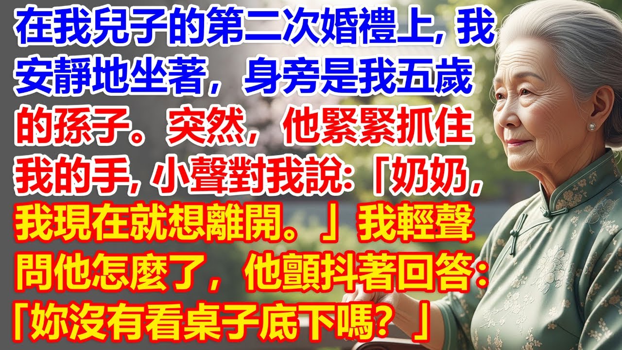 在我兒子的第二次婚禮上，我安靜地坐著，身旁是我五歲的孫子。突然，他緊緊抓住我的手，小聲對我說：「奶奶，我現在就想離開。」我輕聲問他怎麼了，他顫抖著回答：「妳沒有看桌子底下嗎？」