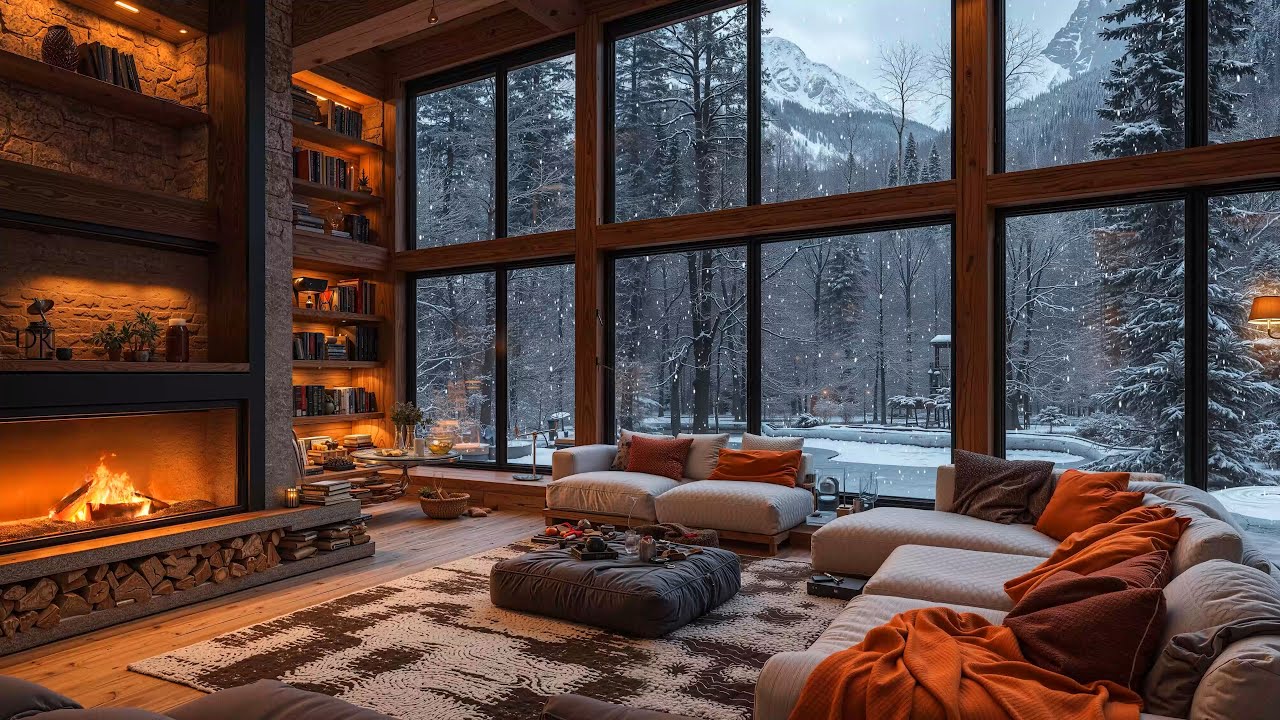Cozy Winter Ambience & Relaxing Background Jazz Instrumental Music ❄️ Snowfall and Fireplace Sounds