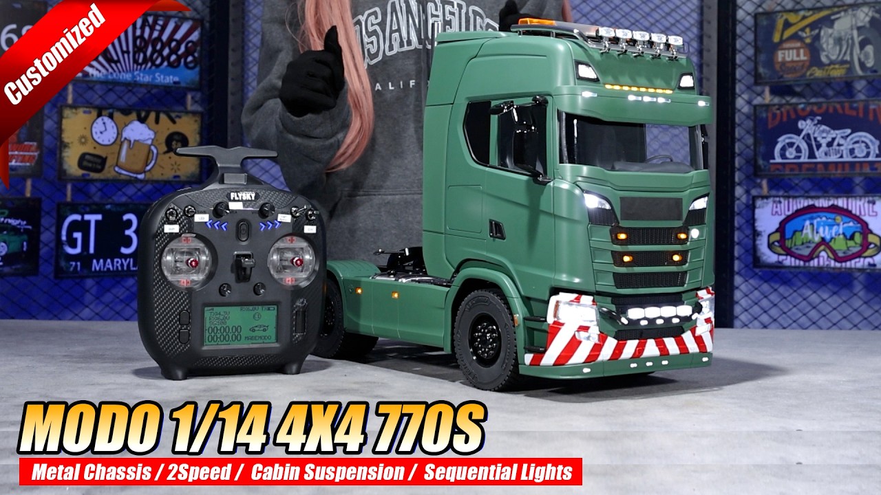 Модифицированный зеленый радиоуправляемый тягач MD 770S 4x4 с кабиной и подвеской