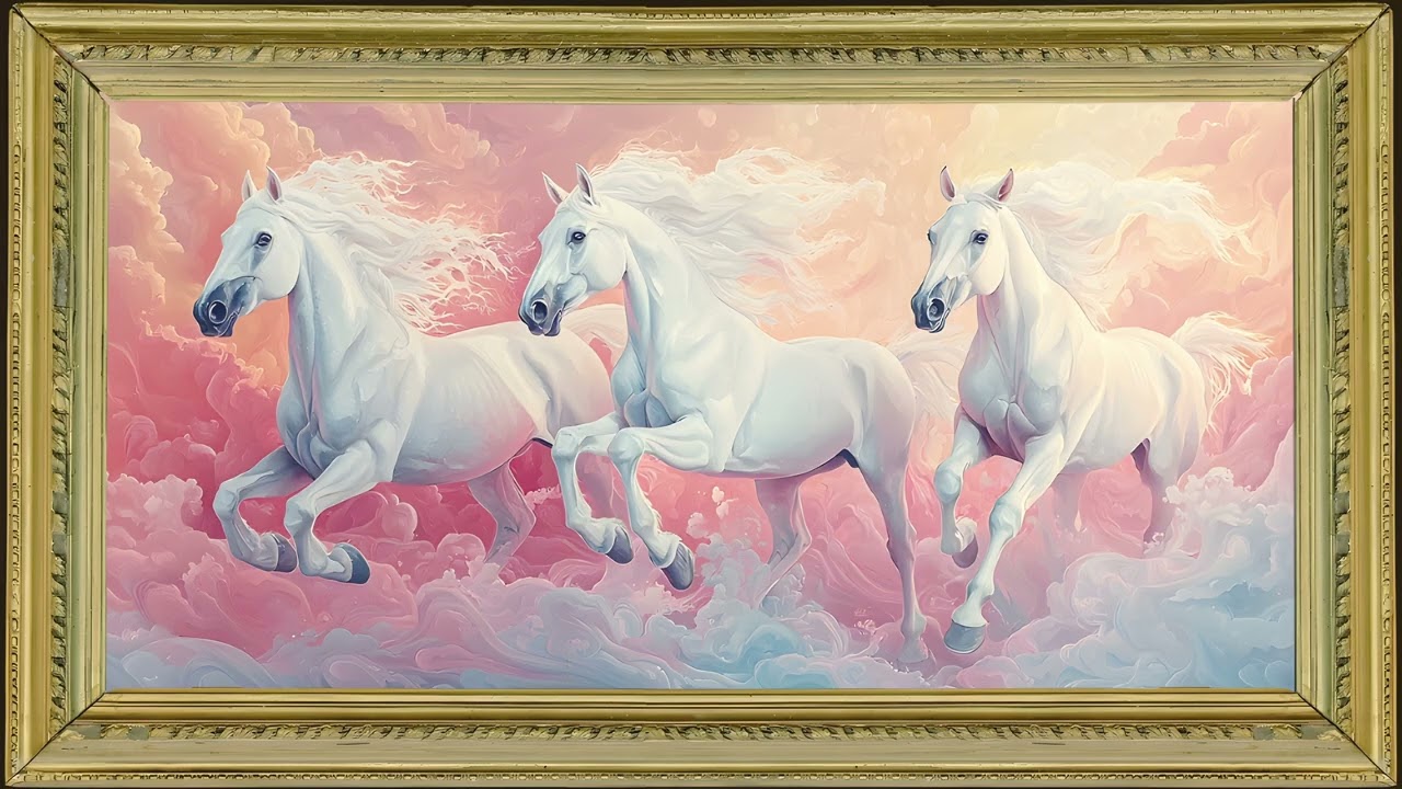 Galloping White Horses in a Pink Valentine Sky, Oil Painting | Gold Framed TV Art Screensaver