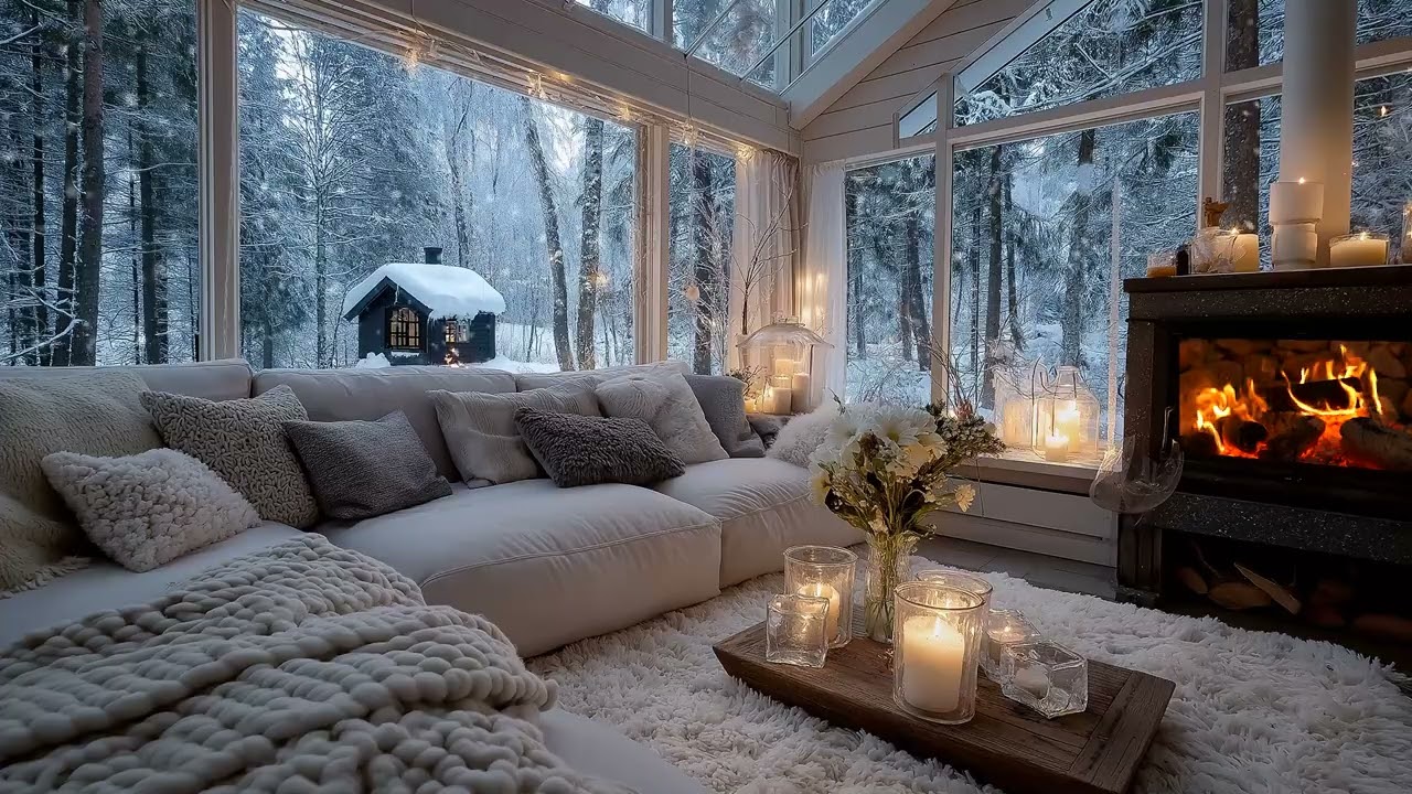 ❄️ Cozy Winter Piano | Fireplace Lounge with Snow Outside 3 Hours | Sleep Aid Relax Study Meditation