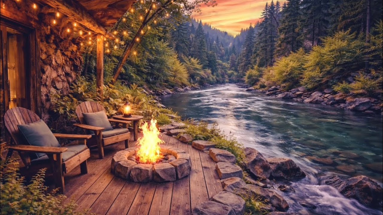 Spring Riverside Cabin Ambience 🌿🔥 Campfire & River Sounds That Feel Like a Reset