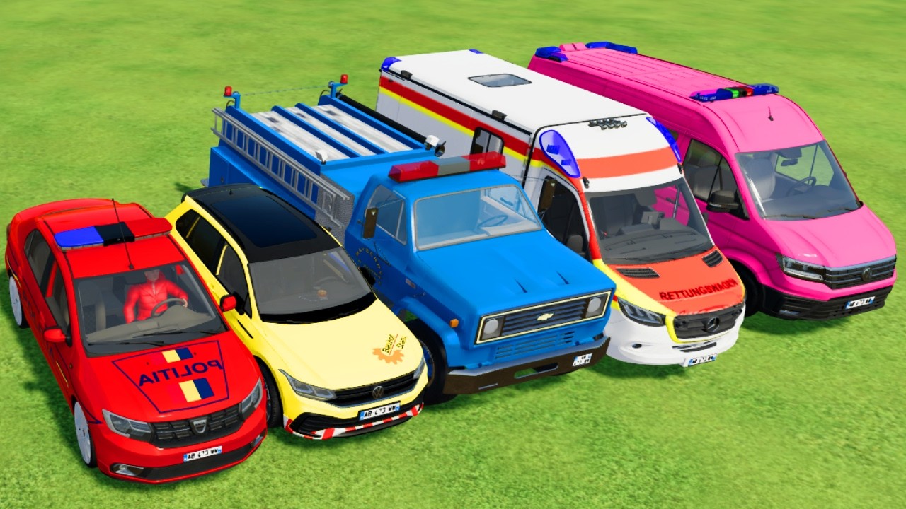 TRANSPORTING POLICE CARS, AMBULANCE, FIRE TRUCK, COLORFUL CARS WITH TRAIN -FARMING SIMULATOR 22!