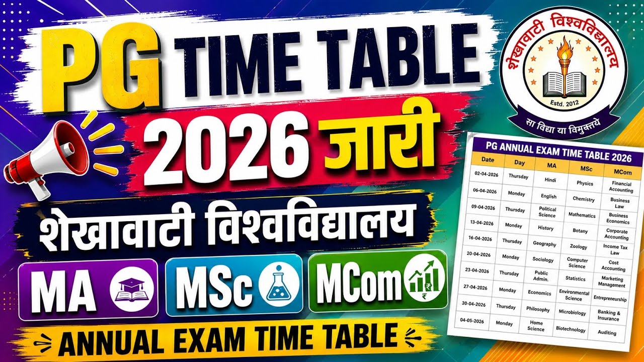 PG Exam Time Table 2026 &bull; MA, MSc, MCom Annual Exam Date Sheet &bull; Shekhawati University &bull; PDUSU Sikar