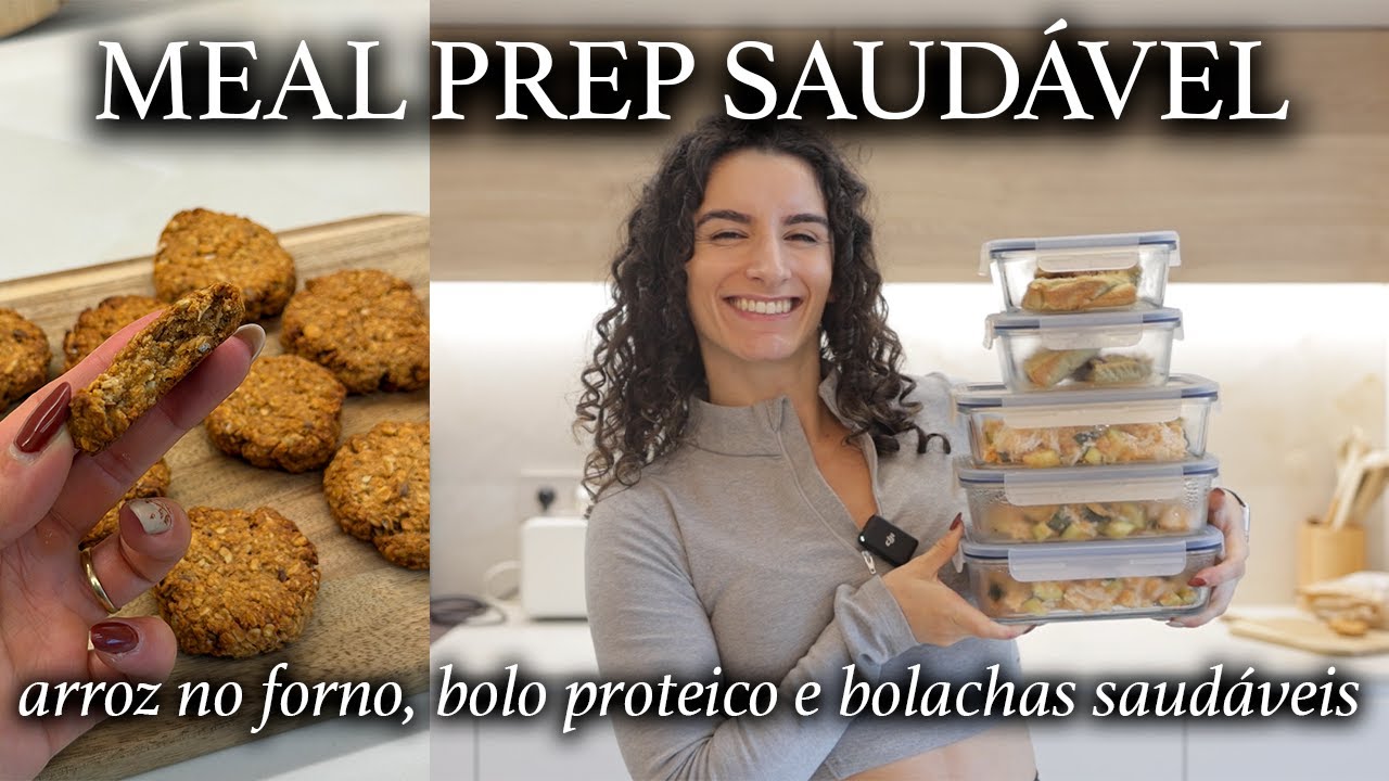 MEAL PREP DE REFEIÇÕES SAUDÁVEIS - Arroz de frango e legumes, bolo proteico e bolachas de amendoim