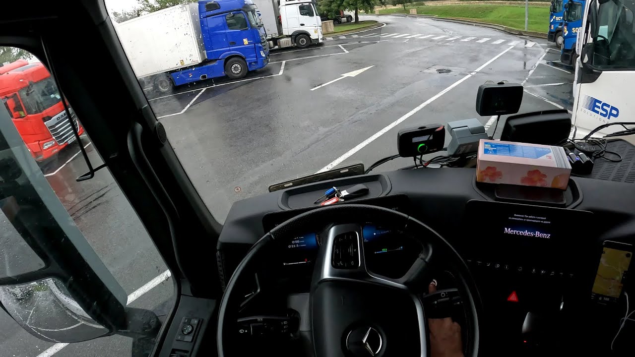4K POV Truck driving. Paris, rain, highway