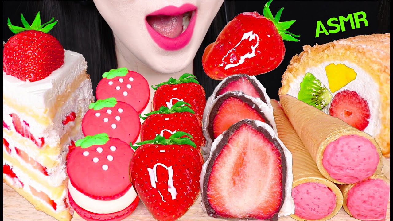 ASMR STRAWBERRY TANGHULU, STRAWBERRY RICE CAKE, FRUIT ROLL CAKE 딸기 탕후루, 딸기 찹쌀떡 먹방 EATING SOUNDS